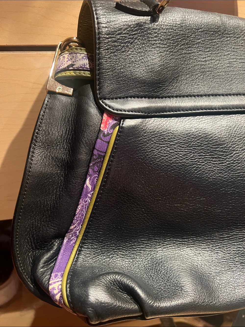 Black Leather Satchel with Patterned Accent Strap - Picture 5 of 17